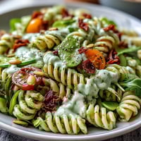 Creamy green goddess pasta salad with fresh vegetables, avocado dressing, and vibrant herbs for a healthy and flavorful meal.  