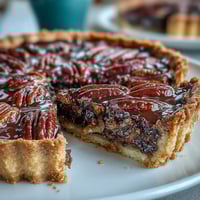 Kentucky Derby Chocolate Bourbon Pecan Tart with golden crust and rich chocolate-pecan filling, served with a dollop of whipped cream.