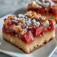Golden rhubarb custard bars with buttery shortbread crust, perfect for spring gatherings.