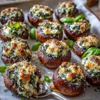 Spinach ricotta stuffed mushrooms baked to golden perfection with creamy, herb-infused filling and a crispy Parmesan topping.  