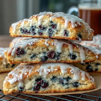 Freshly baked lemon blueberry scones with golden crust, juicy berries, and a glossy lemon glaze, perfect for a cozy breakfast.