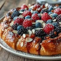 Golden Summer Berry Galette beckons with a rustic almond crust, brimming with fresh fruit.